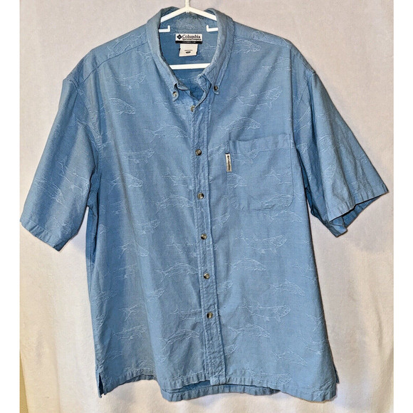 Columbia Blue Short Sleeve Shirt Button w/ All Over Textured Whale Print Mens XL - Picture 1 of 13